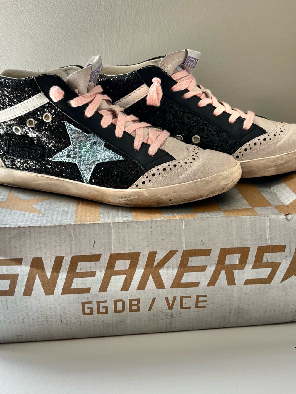 Golden Goose mid star black glitter blue star sneakers